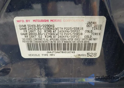 2011 Mitsubishi Outlander Se from USA, damaged, VIN JA4JT3AW7BU016749